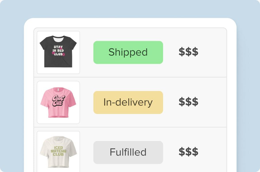 Print-on-demand order dashboard showing shipped, in-delivery, and fulfilled apparel orders.