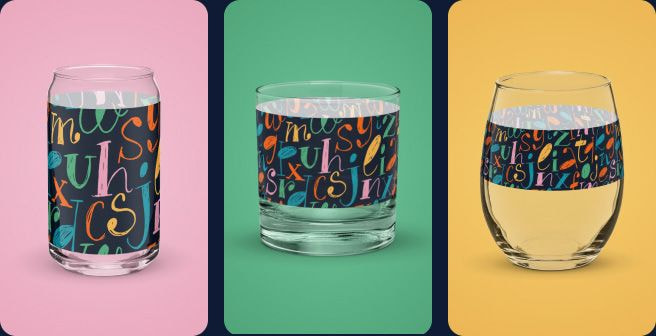 A woman kneels with a colorful, abstract-patterned backpack. Two close-ups show the backpack’s bold, geometric, and text-filled design on a blue background.