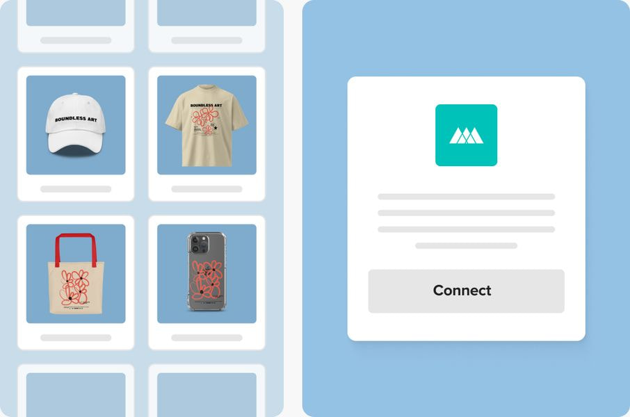 Illustration showing a product catalog connected to a Printful integration card, with custom products such as a hat, T-shirt, tote bag, and phone case displayed in an online store.