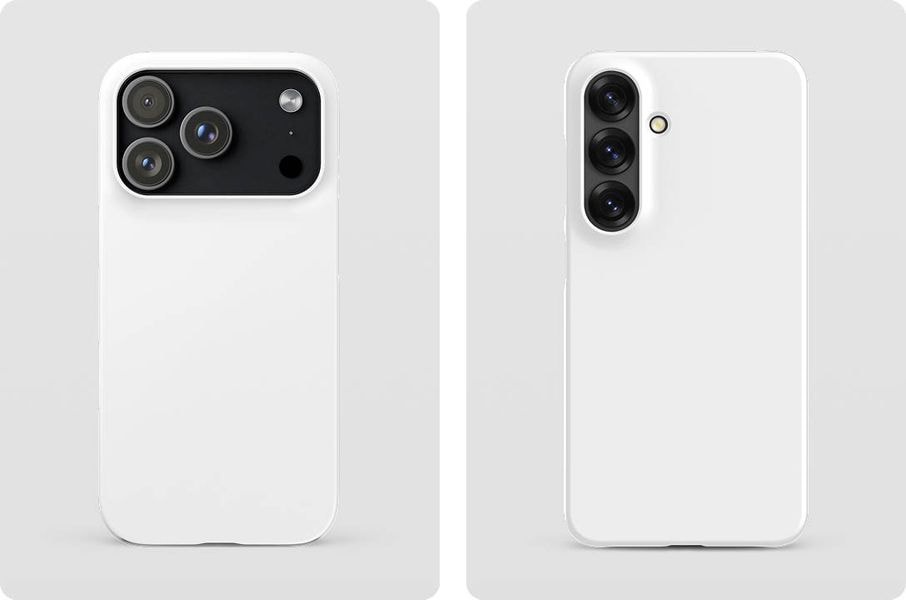 Minimalist white snap-on phone cases for iPhone and Samsung, presented with a clean, lightweight profile ideal for custom printing.