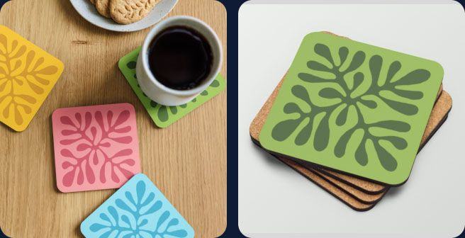 vibrant violet, blue, and yellow coasters are laying on the table, the blue coaster is placed under the cup 