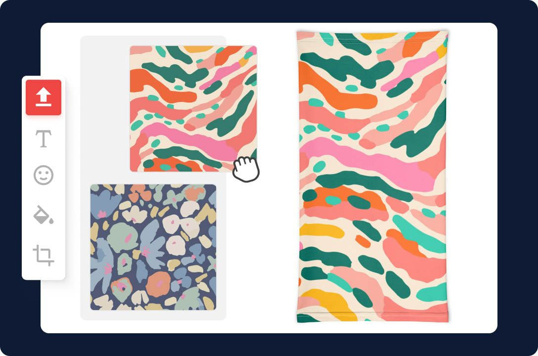 Printful design interface displaying a neck gaiter mockup with a colorful abstract pattern in coral, pink, teal, orange, and cream tones. Design swatches appear on the left, with the finished product preview on the right.