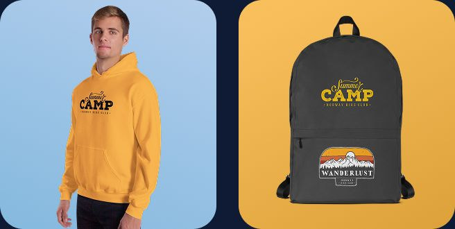 Side-by-side mockups of a yellow camp-themed hoodie and a black backpack featuring outdoor-inspired branding and patches.