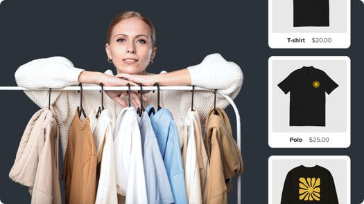 woman in front of a clothing rack containing different types of sweatshirts and hoodies 