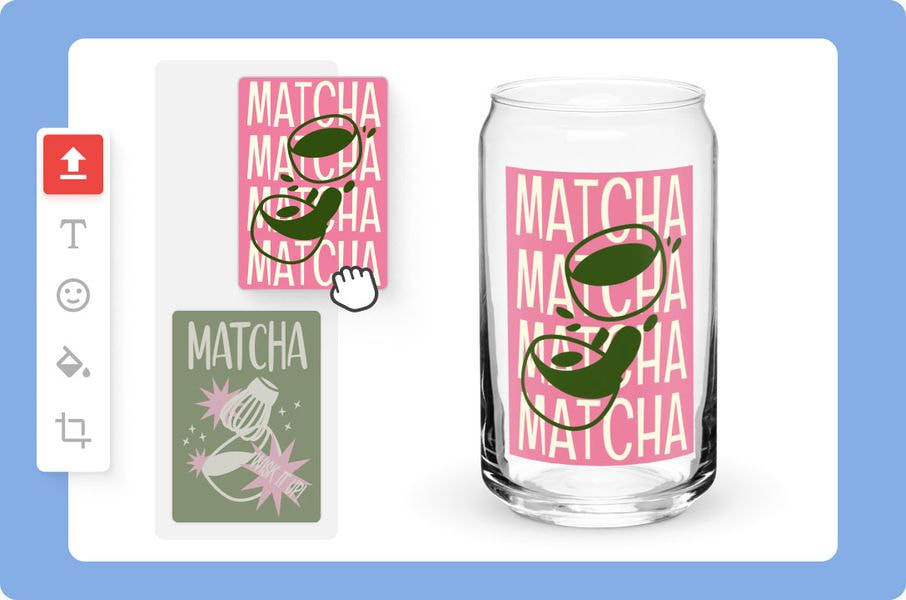 A graphic representation of a design customization interface. On the right is a clear can-shaped glass with a design featuring the word 