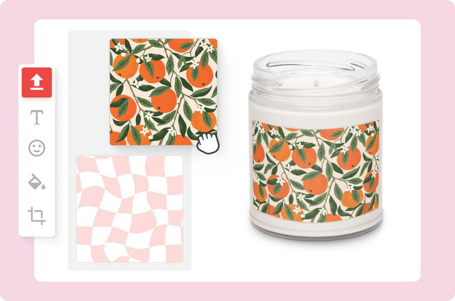 Candle design tool with a custom orange pattern.