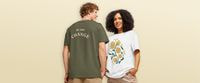 a man and woman wearing eco-friendly tshirts