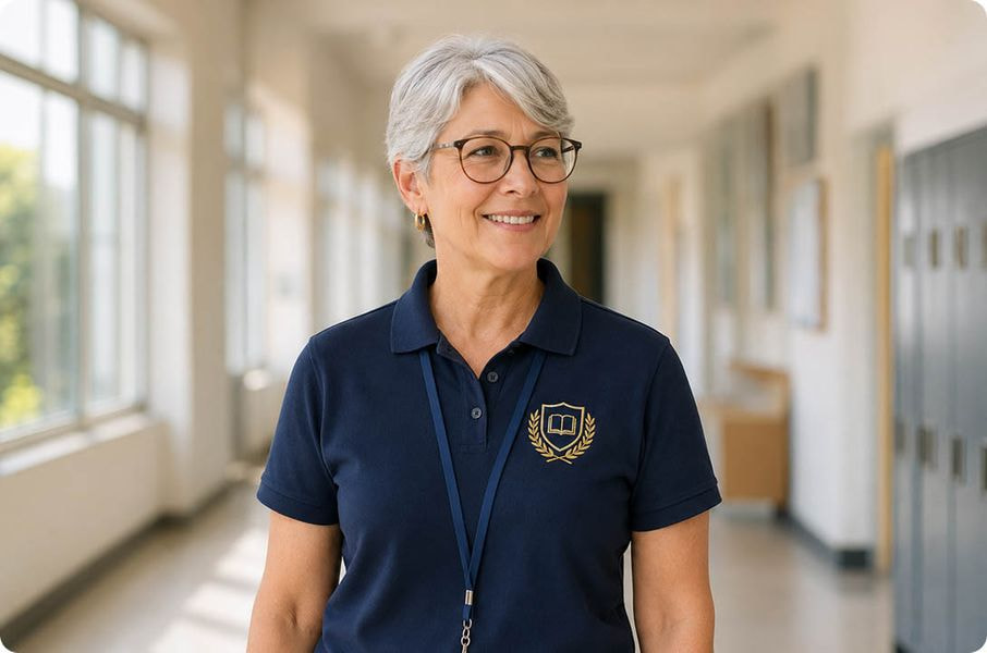 a woman wearing glasses and a blue polo shirt