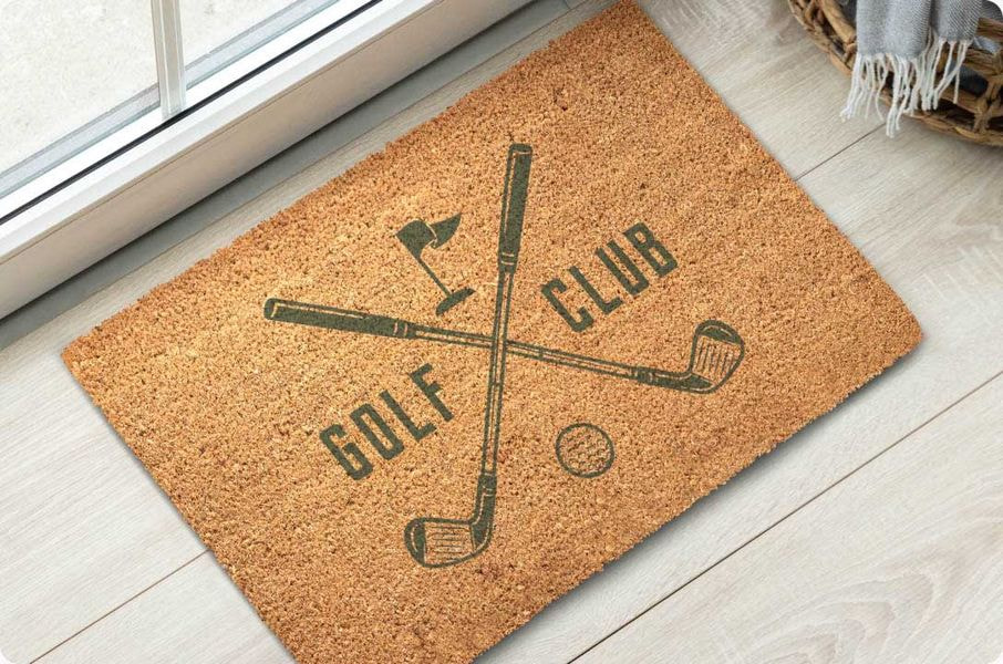 Coir doormat featuring a golf club logo design with crossed clubs and a golf ball, showcasing branded or business-friendly customization.