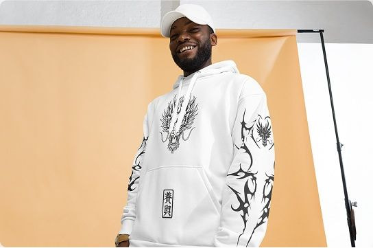 Man wearing a white hoodie with black print