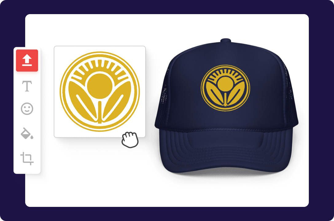 a blue hat with a yellow flower and a white square with a hand