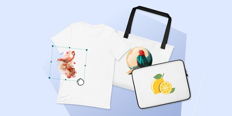 a shirt, tote bag and a laptop case with designs