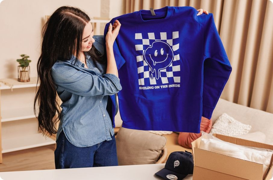 a woman holding a blue sweatshirt