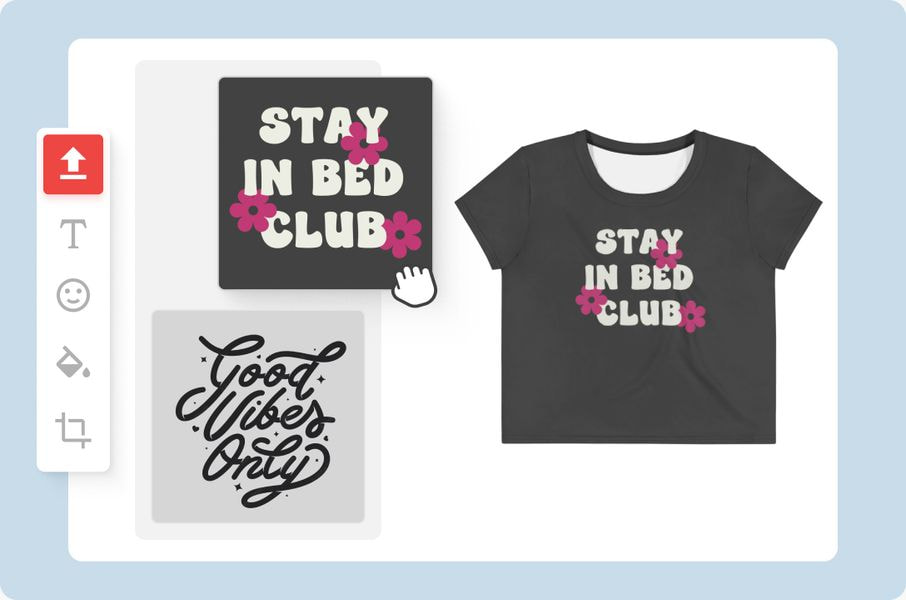 Product creator interface adding “Stay in Bed Club” design to a custom crop top.