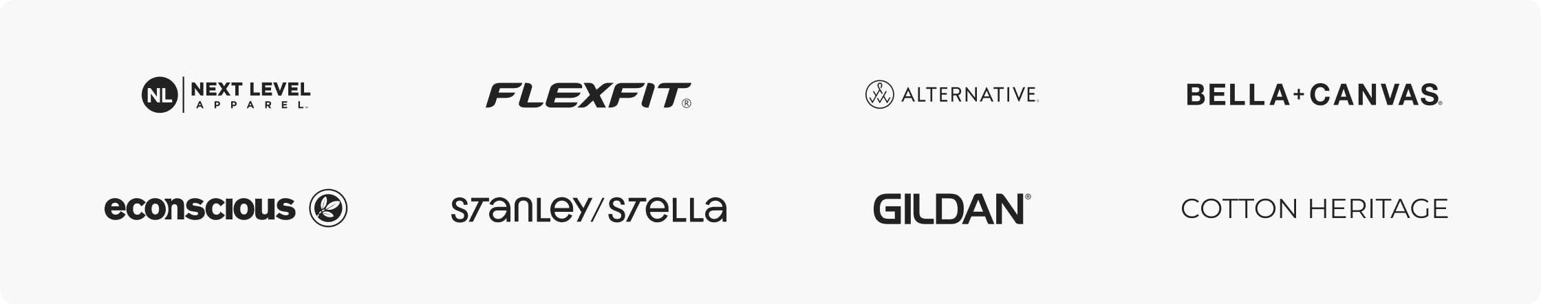 Apparel brand logos including Next Level Apparel, Flexfit, Alternative, Bella+Canvas, Econscious, Stanley/Stella, Gildan, and Cotton Heritage, representing a selection of apparel manufacturers and product suppliers available for custom clothing and print-on-demand businesses.