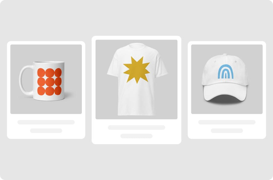 Online store product catalog showing custom mug, t-shirt, and hat listings.
