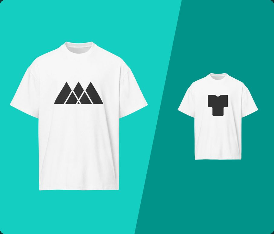 two white t-shirts, one with a black Printful logo printed, one with a black Tapstitch logo printed
