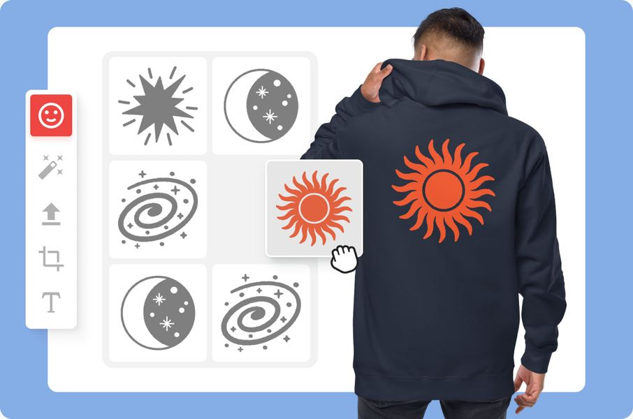 Online product design tool previewing a custom sun graphic on the back of a black hoodie.