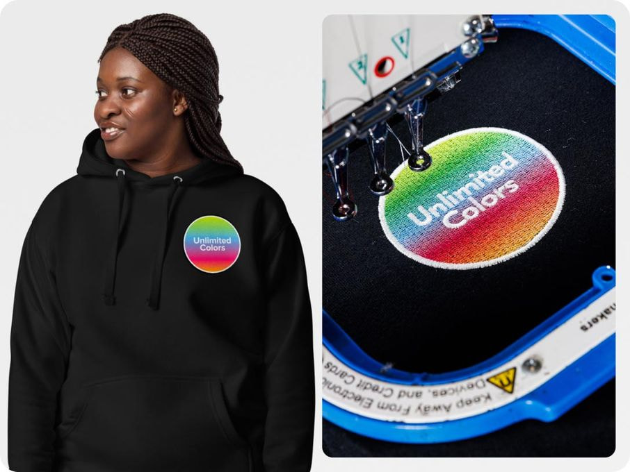 woman wearing a black hoodie unlimited color embroidery