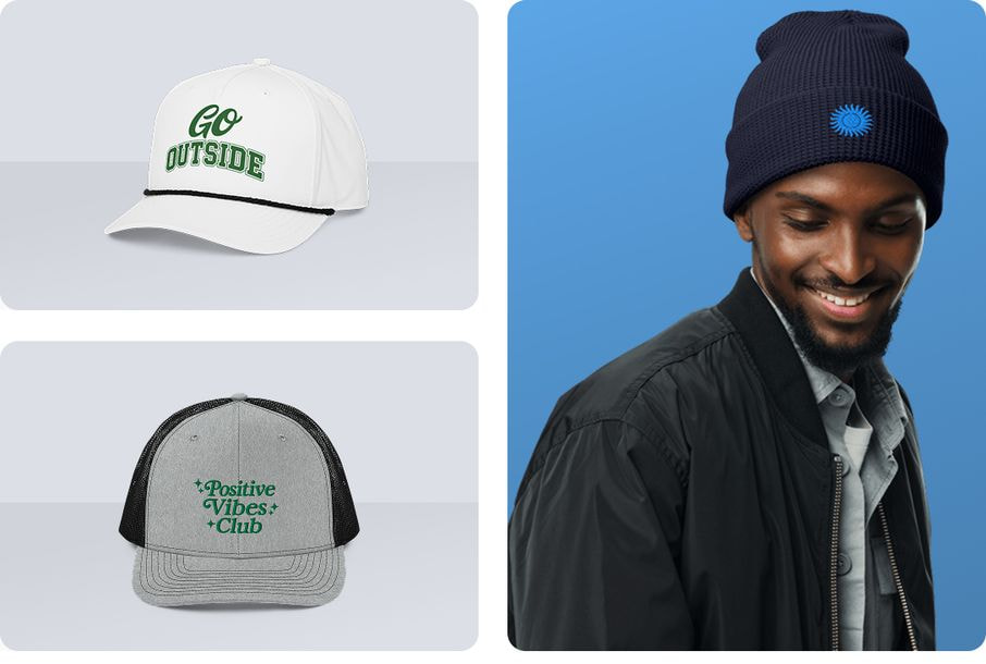 A collage of personalized headwear including a white rope cap with 