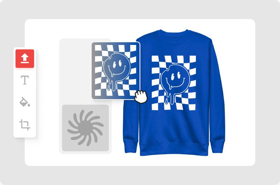 Product customization interface placing a graphic design onto a blue sweatshirt mockup.