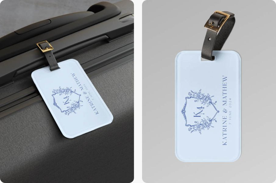 Personalized luggage tag featuring a custom monogram and wedding details, shown attached to luggage and displayed in a product mockup.