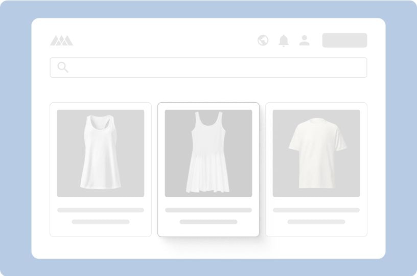 Online product catalog interface highlighting a customizable sleeveless skater dress among other apparel options. The selected product is featured in the center of the storefront layout.