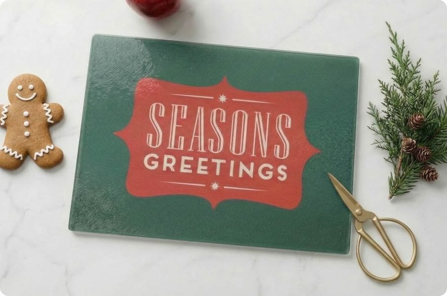 Green holiday-themed glass cutting board with “Seasons Greetings” text surrounded by festive items.