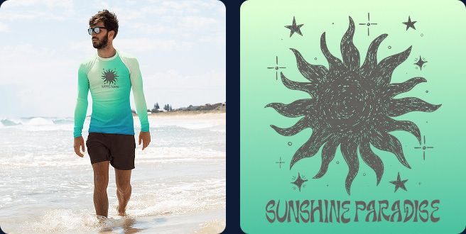 Man walking along a beach wearing a custom long-sleeve rash guard with a turquoise gradient design and “Sunshine Paradise” artwork, accompanied by product and design close-ups that showcase the vibrant all-over print and customization options.