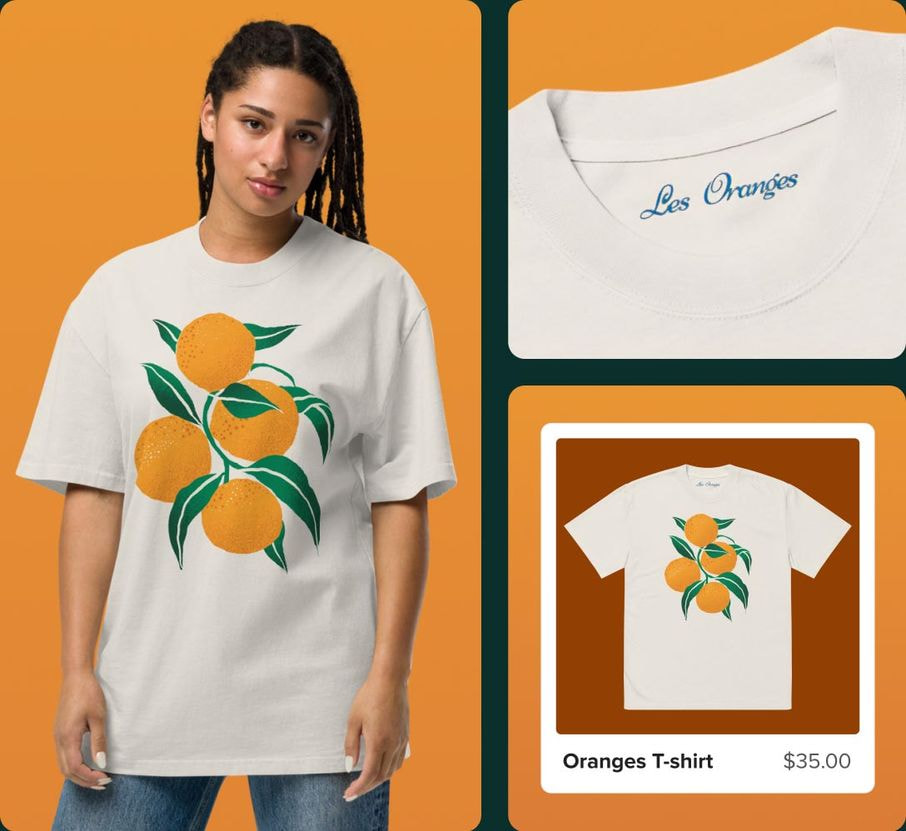 a woman wearing a white shirt with oranges on it