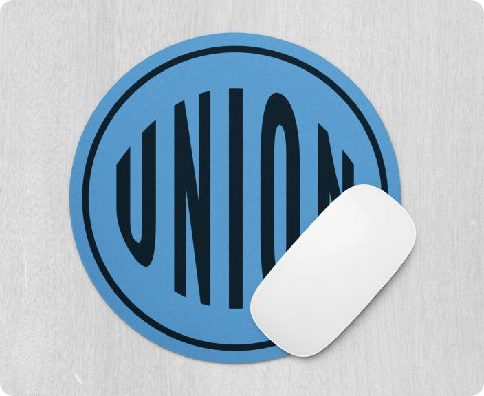 ound branded mouse pad with a bold blue background and black logo text, displayed with a white mouse.