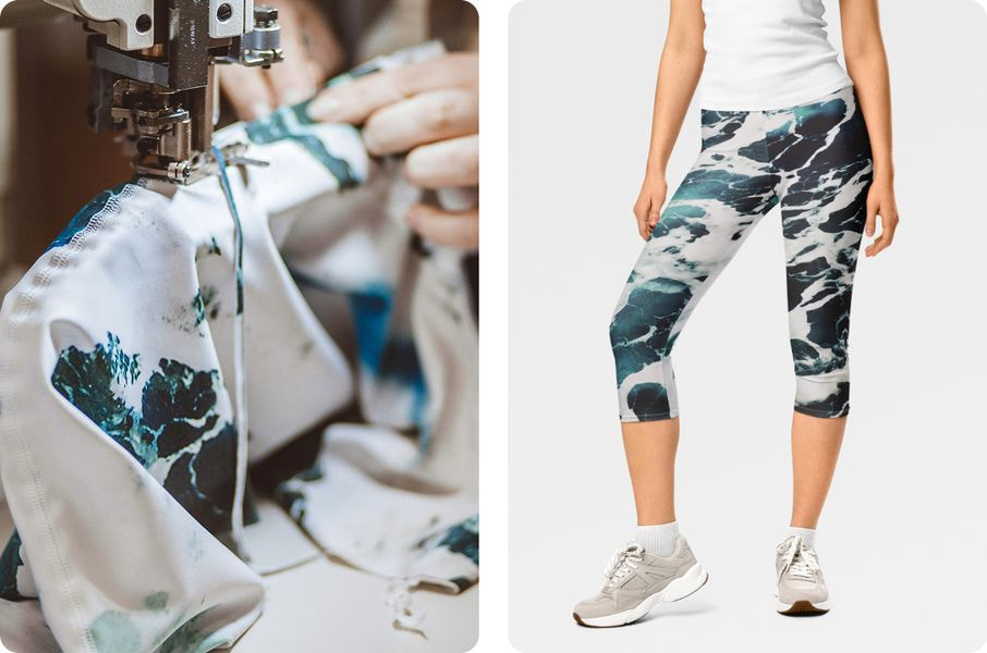 Split image showing fabric being sewn during production alongside a model wearing marble-patterned all-over print capri leggings.