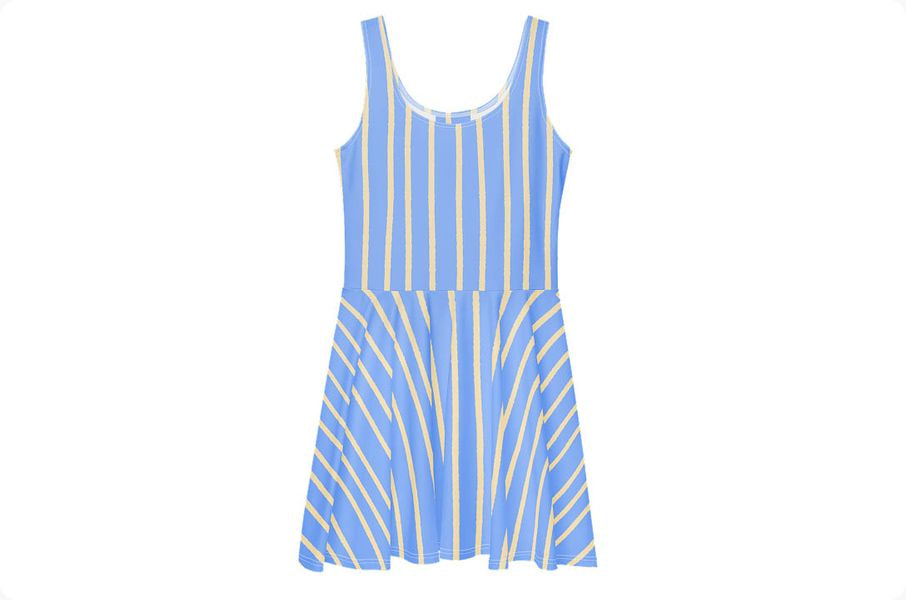 a blue and yellow striped dress