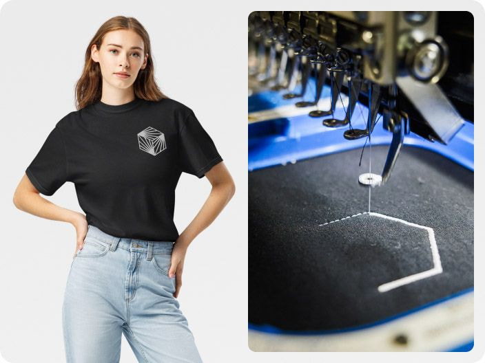 a woman wearing a black custom embroidered t-shirt