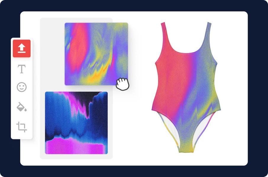 Design tool interface showing colorful artwork being applied to a custom one-piece swimsuit.