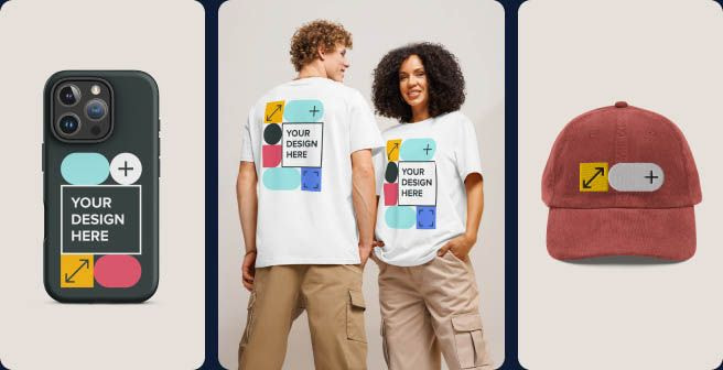 Two models wearing matching white T-shirts featuring a customizable geometric design, alongside examples of the same artwork applied to a phone case, embroidered cap, and ceramic mug, showcasing print-on-demand product personalization across multiple product categories.