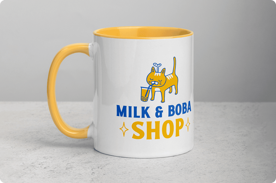 White and yellow accent mug with cute cat 