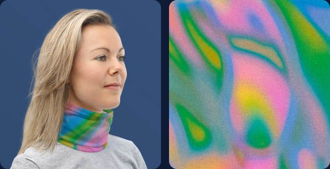 Woman wearing a multifunctional neck gaiter featuring a vibrant abstract design with blended pink, blue, green, and yellow colors. The collage also includes a close-up of the artwork and a flat product view.