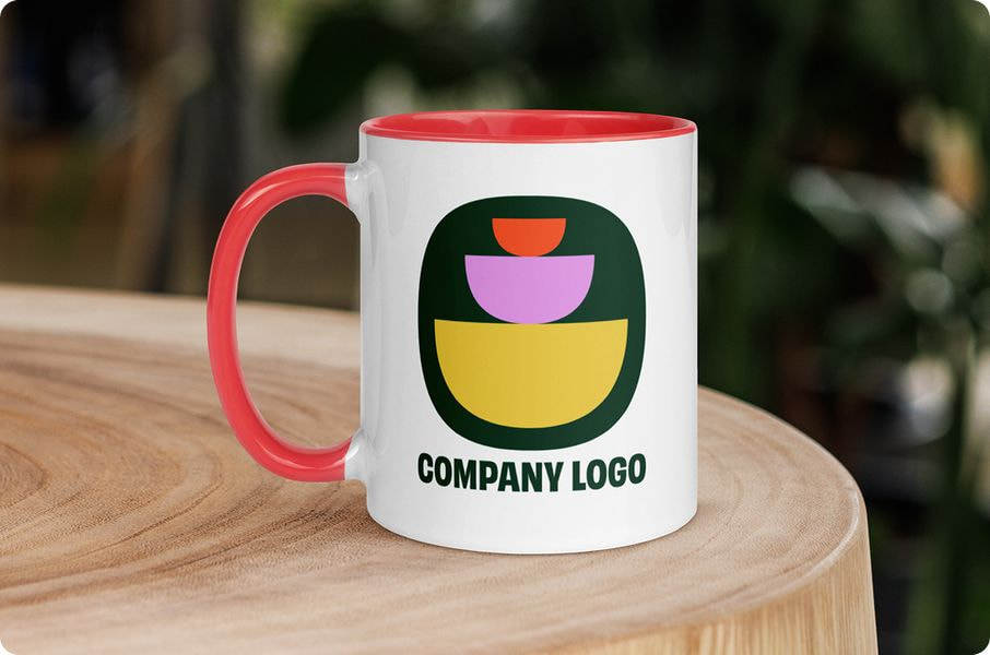 a white and red coffee mug with a logo on it