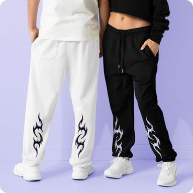a pair of pants with flames on them