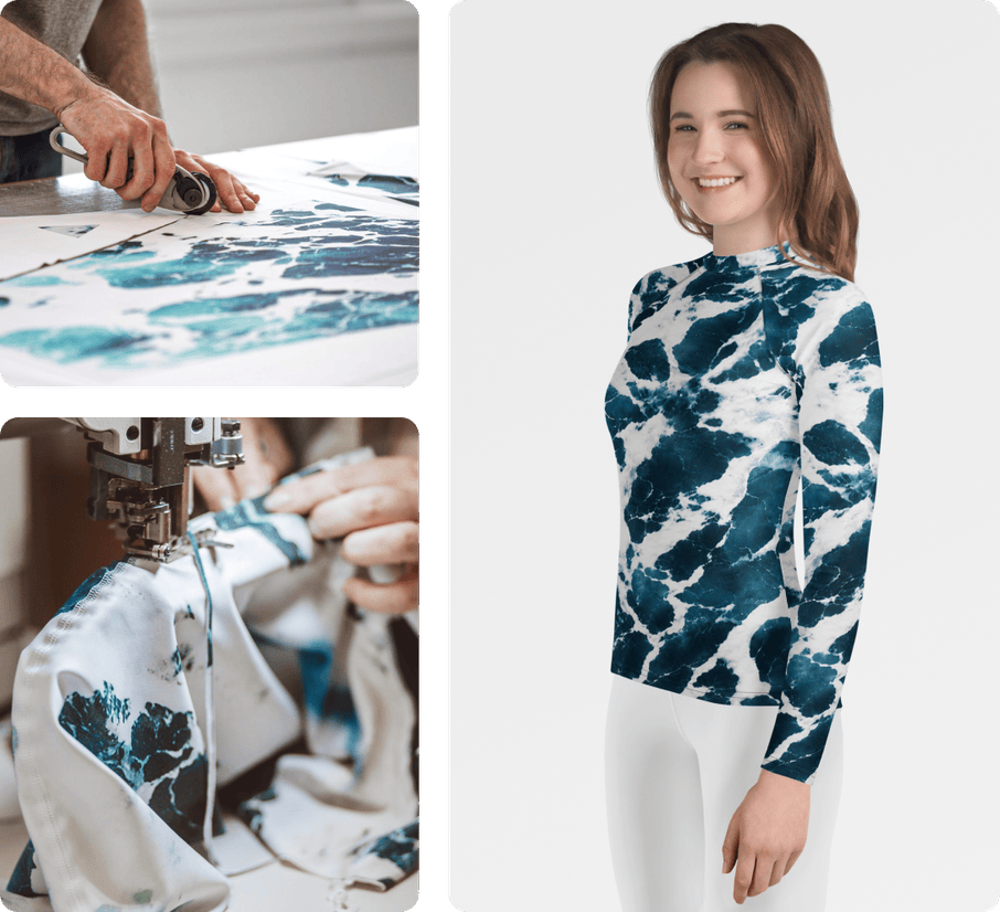 Custom rash guard featuring a seamless all-over print design, shown alongside the fabric cutting and sewing process to highlight the craftsmanship, precision production, and edge-to-edge print quality of custom performance apparel.