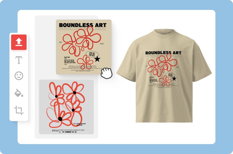 Print-on-demand design editor interface showing artwork being applied to a beige T-shirt, with design tools and artwork options visible.