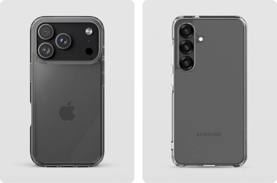 Transparent phone cases displayed on iPhone and Samsung devices, showcasing a crystal-clear protective design that highlights the original phone appearance.
