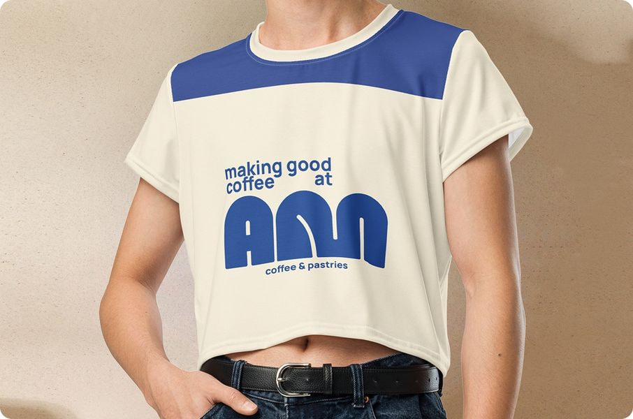 Custom cropped t-shirt with coffee shop graphic text “making good coffee at AM.”