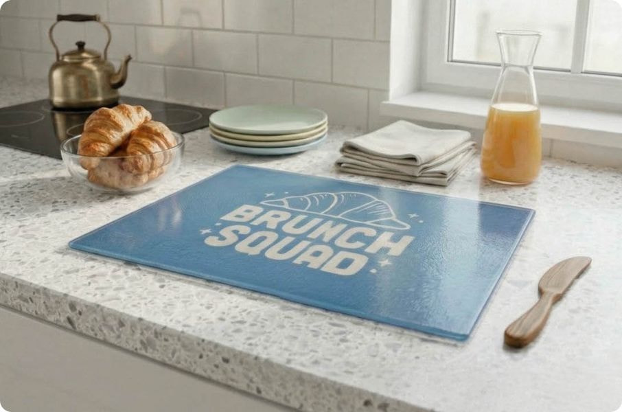 Blue glass cutting board with “Brunch Squad” text placed on a kitchen countertop with breakfast items.