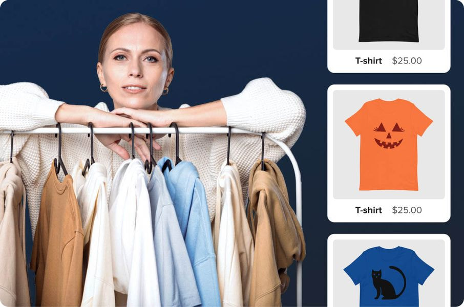 a woman leaning on a rack of clothes