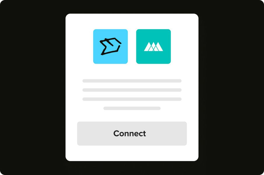 A simple graphic interface showing the connection process between two platforms. Two icons (one for Big Cartel, one for Printful) are displayed above a 