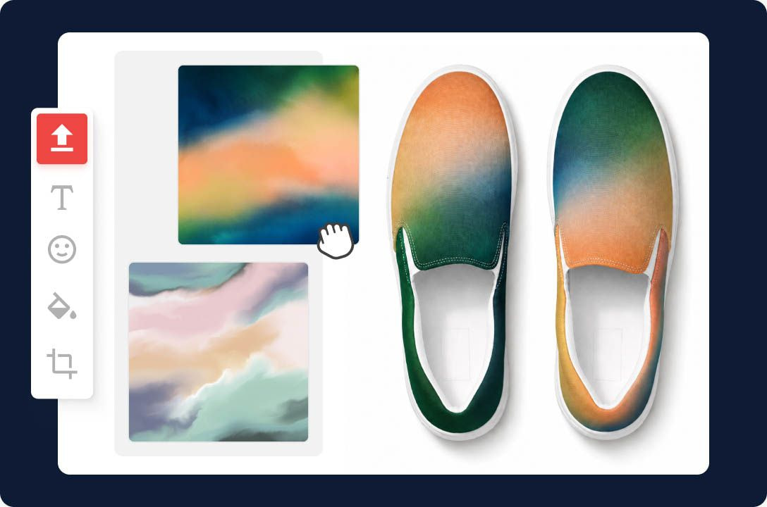 Custom slip-on shoes featuring a blended watercolor gradient in green, blue, orange, and cream tones, displayed with selectable artwork options in a design interface.
