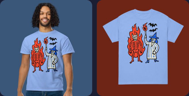 a man wearing a blue shirt with a cartoon character on it