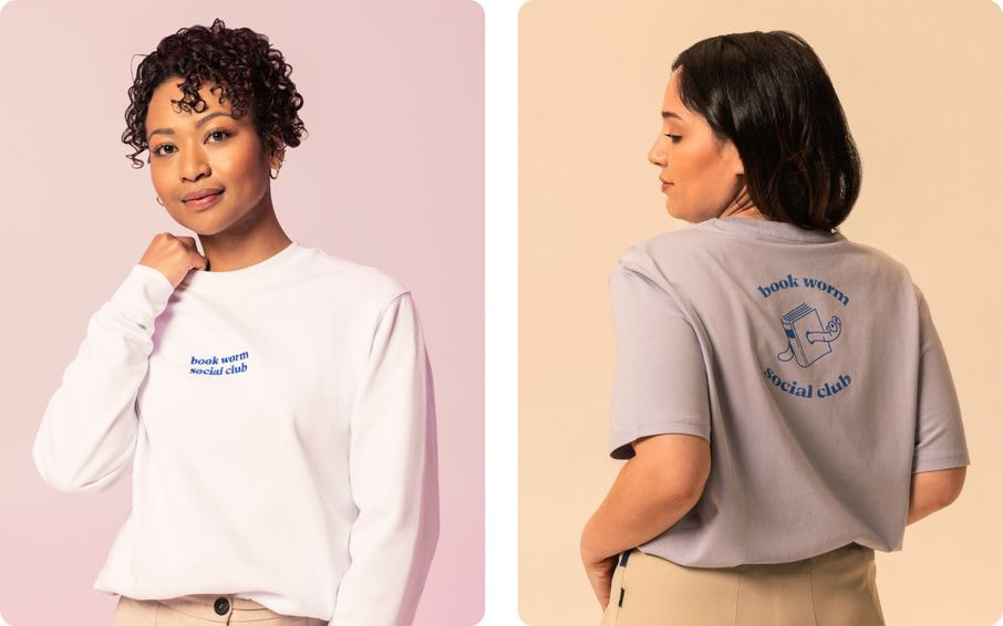 a collage of a woman wearing customized apparel